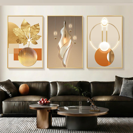 Azartslr Large Framed Modern Rose Gold Wall Art, Luxury 3 Pieces Aluminum Alloy Wall Decor for Living Room, Abstract Gold and Beige Home Bedroom Art Painting, Geometric Crystal Porcelain Artwork Dining Room Pictures Decoration 16x24in