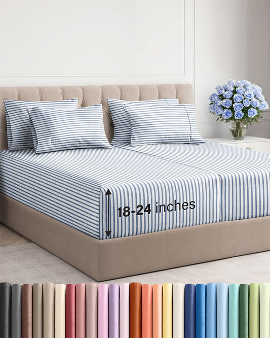 Skiennix Extra Deep Split King Sheet Set - 7 Piece Breathable Cooling Bedding - Soft Wrinkle-Free Blue Stripes