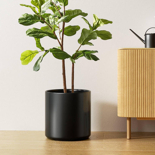 LE TAUCI 12 Inch Pot for Plants, Ceramic Planters for Indoor Plants, Mid-Century Modern Cylinder Flower Pots with Drainage Hole, Fits Fiddle Leaf Fig & Monstera, Home Decor, Black