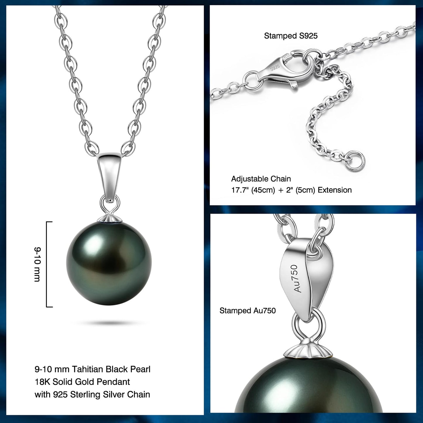18K Solid White Gold Tahitian Black Pearl Necklace Pendant with Sterling Silver Chain, AAAAA 9-10mm Ocean-Grown Pearls - Christmas Gift for Wife Mom, Women Jewelry for Wedding Anniversary Birthday