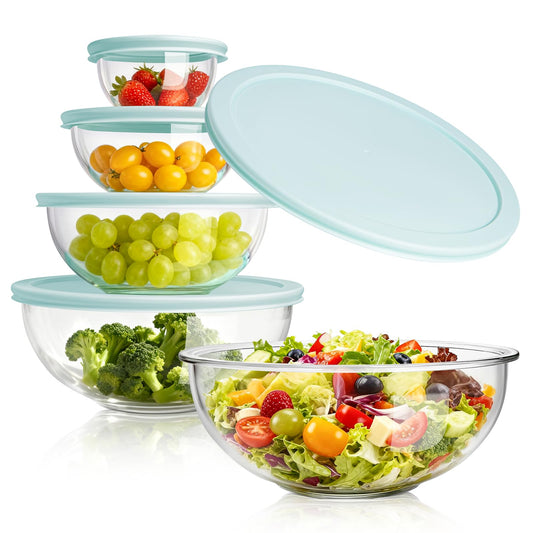 WhiteRhino Glass Mixing Bowl with Lids Set of 5, 0.2, 0.5, 1.1, 2.1, 3.75 QT, Large Salad Bowls with BPA-Free Lids, Space-Saving Nesting Bowls for Kitchen Food Storage, Glass bowl for Cooking, Baking