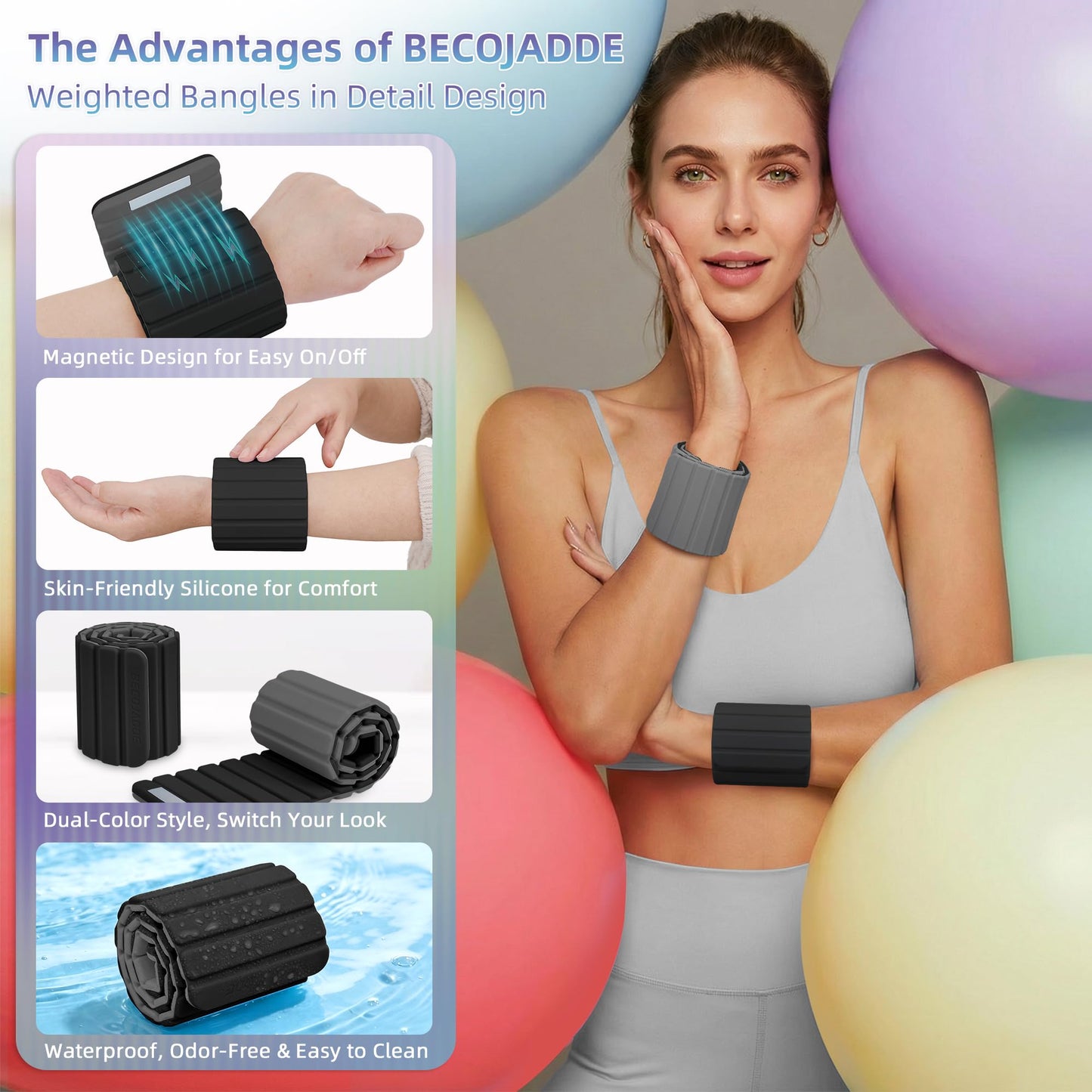 BECOJADDE Wrist Weights Ankle Weights for Women 1 Pair (1.1 lb Each) Silicone Magnetic Leg Arm Weighted Bracelet for Home Yoga Pilates Gym Workout Walking Jogging, Black Gray