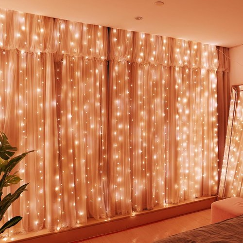 HXWEIYE 300LED Fairy Curtain Lights - 9.8x9.8Ft USB Plug-In with 8 Modes & Remote | Orange Indoor Decor