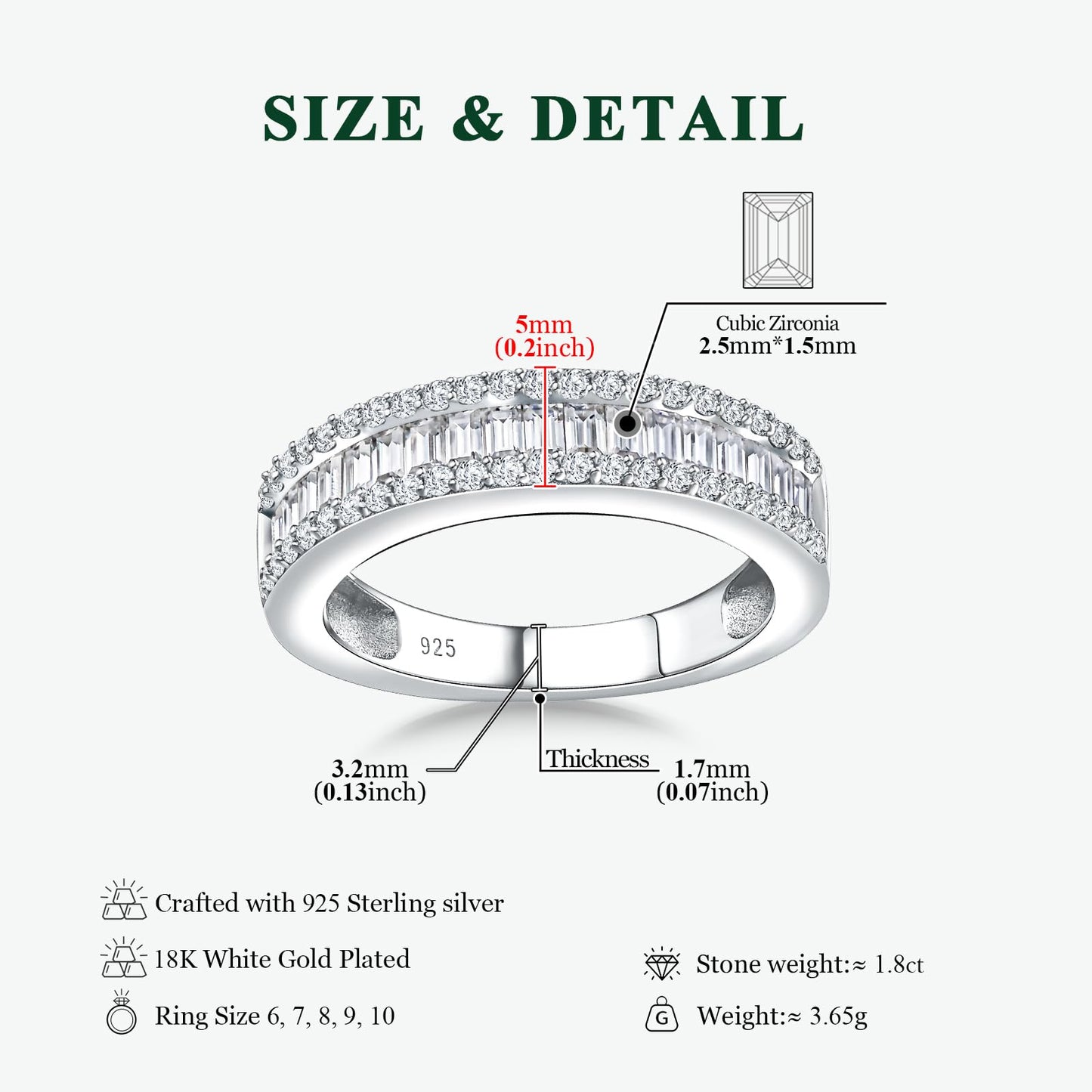 RANDES Cubic Zirconia Ring Wedding Bands for Women Emerald Cut Eternity Ring Baguette Channel Set Band Rings Size 8.5