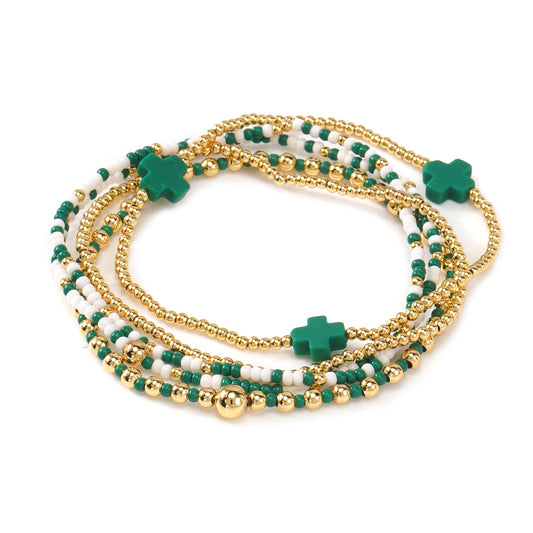 Bohxantium St. Patrick's Day Green Beaded Cross Bracelet for Women Stackable Lucky Stretch Gold Beads Ball Jewelry Cross Charm Holiday Bracelet Party Festive Friendship St. Patrick's Gifts for Women