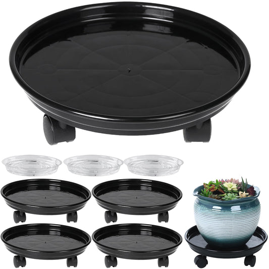 Circloophs 5 Packs Plastic Plant Caddy with Casters 12" Heavy-duty Plant Dolly Rolling Plant Stand with Wheels for Moving Heavy and Large Plant Pot Saucers Plant Rollers Indoor and Outdoor, Black