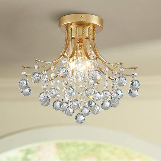 Bestier Modern Gold Crystal Semi-Flush Mount Chandelier, 3 E12 Bulbs, D13.5in x H11.6in, Ideal for Dining Room, Bathroom, Bedroom, Living Room