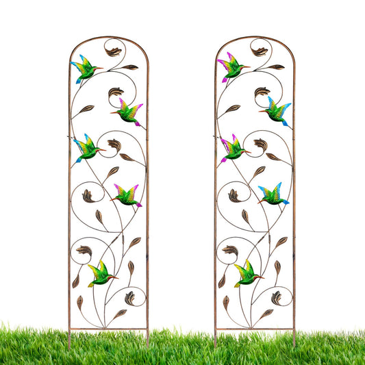 2 Pack Metal Garden Trellis with Colorful Hummingbird 60 Inch High Outdoor Decoration Arched Fence Trellis for Climbing Plants for Patio, Lawn, Yard, Backyard, Wall Brackets
