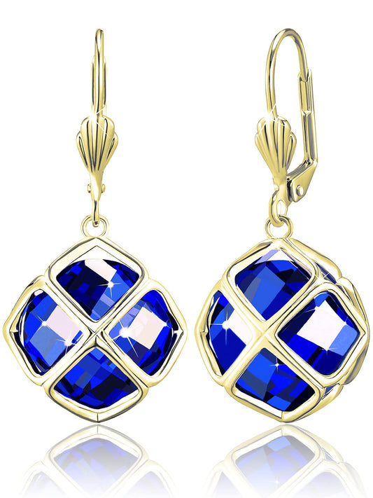 Big Dark Blue Crystal Dangle Earrings for Women (Sept-Sapphire-14K Gold)