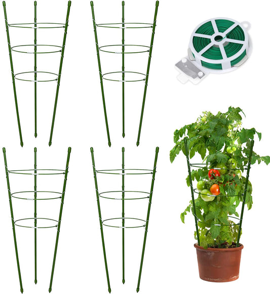 18" Small Plant Support Tomato Cages, 4 Pack Adjustable Garden Trellis for Indoor Outdoor Climbing Plants, Peony Flower Stakes with 66ft Garden Twist Ties, Green Metal Plant Cages for Pots & Garden