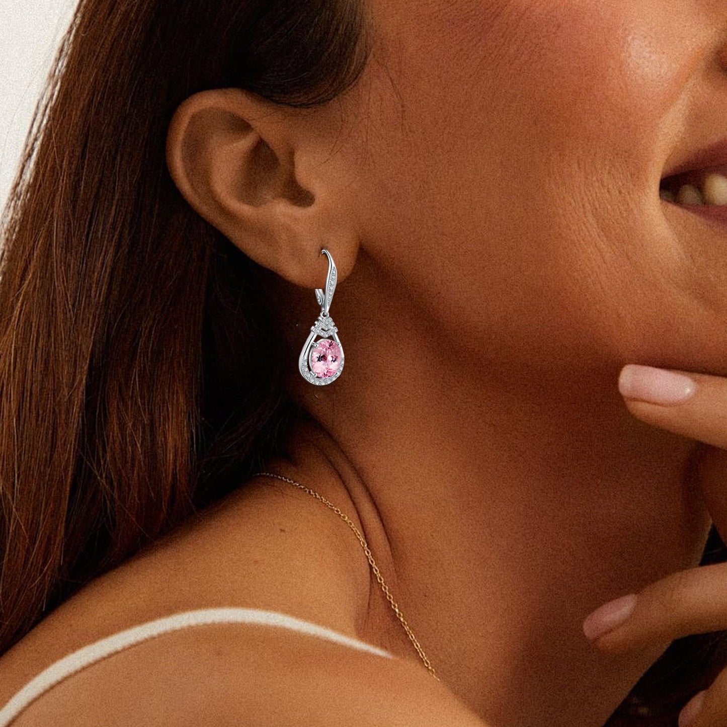 Sparkling Pink Tourmaline Earrings for Women S925 Sterling Silver October Birthstone Dangle Earrings for Women CZ Teardrop Leverback Drop Earring Jewelry Birthday Gifts for Girlfriend