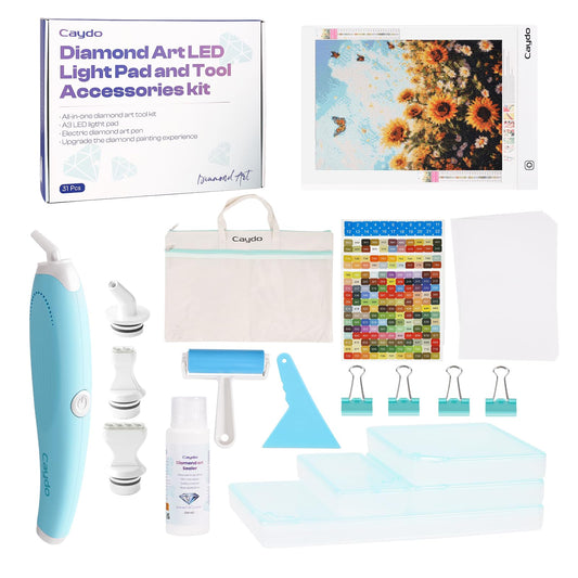 Caydo 31 PCS All Inclusive Diamond Art Accessories Kit, A4 LED Light Pad Set with Diamond Art Sealer, Trays, Electric Pen, Roller Tool for 5D Diamond Paint