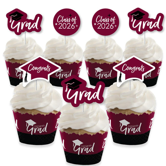 Big Dot of Happiness 2026 Maroon Graduation Cupcake Decoration - Party Cupcake Wrappers and Treat Picks Kit - Set of 24