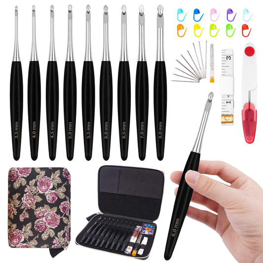 WAZAIGUR Wooden Handle Inline Ergonomic Crochet Hooks Set, 9 Sizes 3.5mm-8mm, Black Crochet Hooks for Arthritic Hands