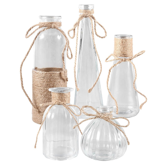 NUOBESTY 5pcs Glass Flower Vases Set with Rope Design, Decorative Plant Terrarium and Flower Arrangement Containers for Home Décor and Table Display