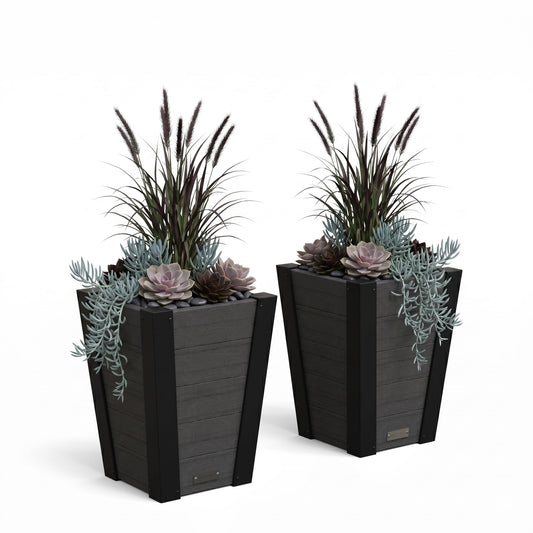 Mayne Vista 18in Outdoor Planter 2-Pack- Modern Tall Tapered Design with Drainage Hole for All Season Use - Ideal Front Porch Decor & Patio Planter - Easy Assembly
