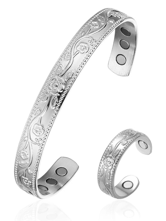 BioMag Lymphatic Drainage Ring & Copper Bracelet, 99.99% Pure Copper Magnetic Bracelet & Ring with Built-in 3500 Gauss Magnets, Adjustable Size, Floral Vine Pattern