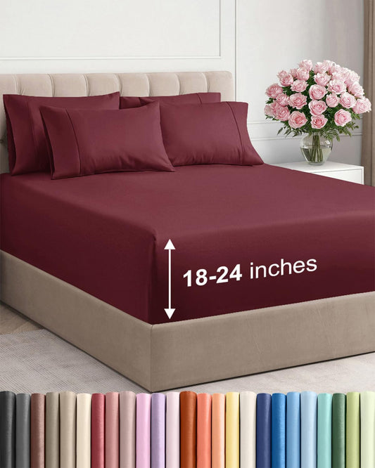 Skiennix Extra Deep Cal King Sheet Set - 6-Piece Breathable Cooling Bedding - Soft, Wrinkle-Free Burgundy