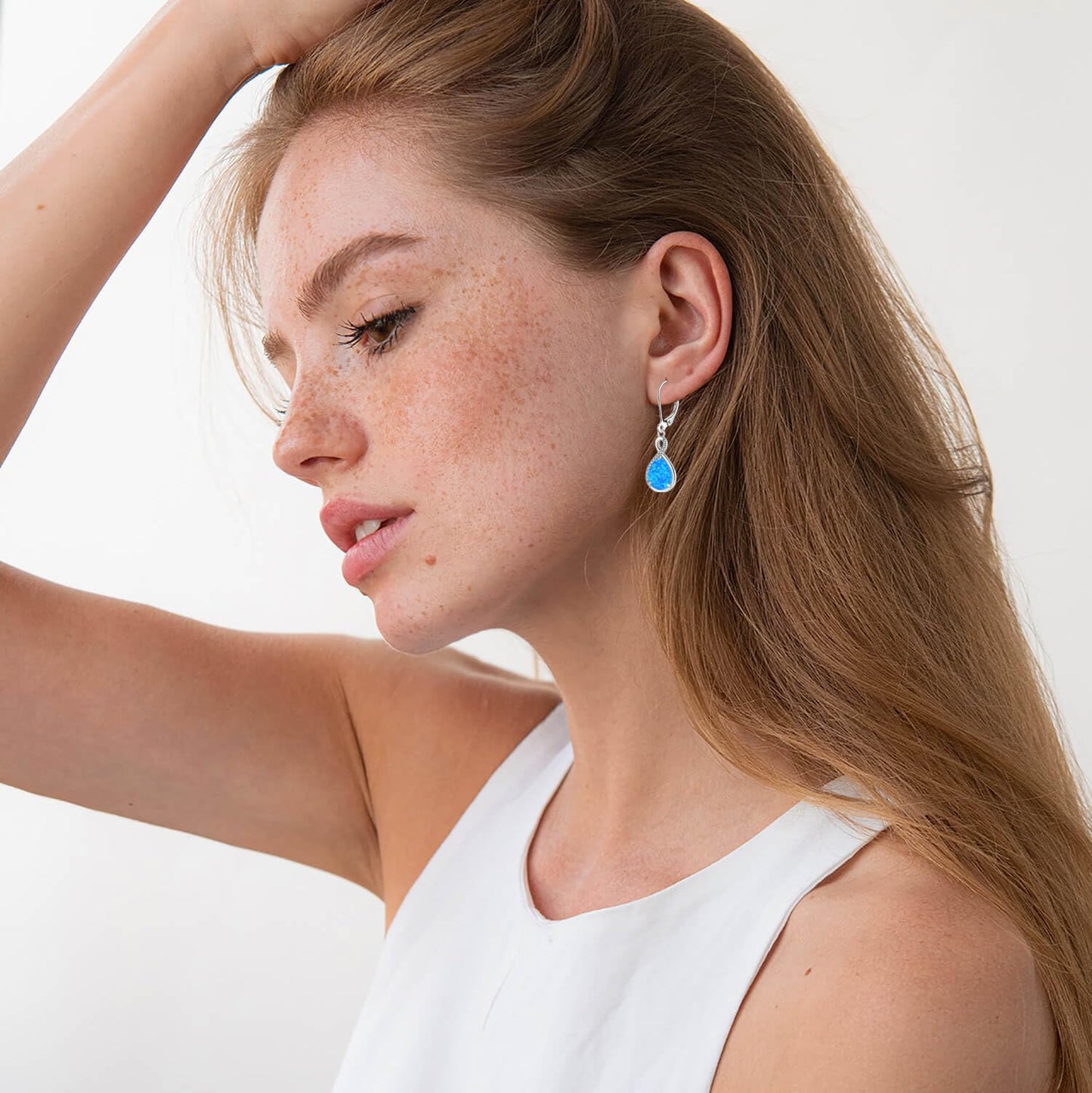 FYNSBLE Blue Opal Earrings for Women Sterling Silver Infinity Opal Dangle Drop Leverback Earrings Hypoallergenic Jewelry for Women