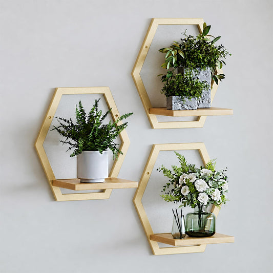 Rioneta 3 Pack Natural Wood & 25 LB Load Metal Wall Plant Holders, 9 inch Solid Wooden Shelf, Mid Century Hanging Planter for Indoor Plants Golden