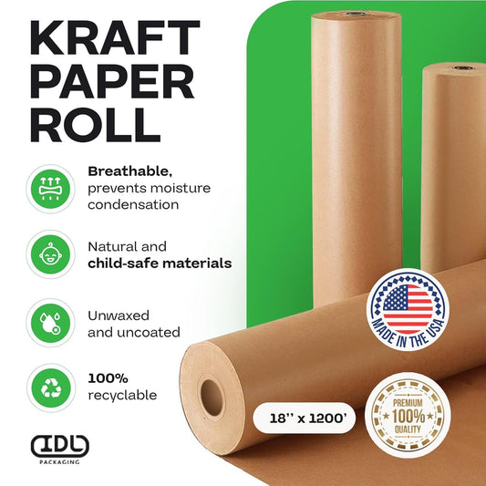 IDL Packaging Large Brown Kraft Paper Roll 18" x 1200 feet (14400 inches) - Natural Wrapping Paper for Packing - Perfect Paper for Void Filling - Paper for Kids Art Projects