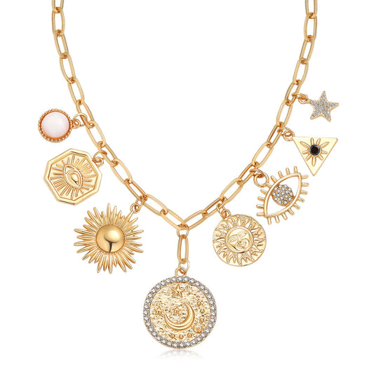BONJOULRY Charm Necklace for Women Gold Sun Moon Evil Eye Coin Pendent Necklace Celestial Dainty Paperclip Chain Charms Necklaces Choker Necklaces Jewelry Coins