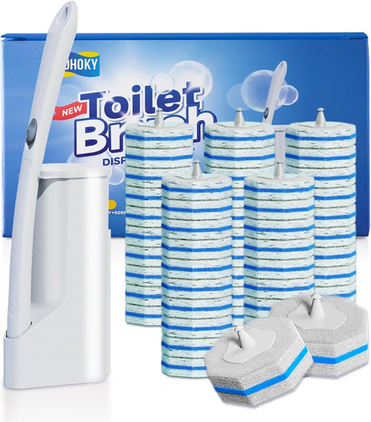 Skiennix Disposable Toilet Brush System - 50 Refill Pads & Wall-Mounted Holder | Bathroom Cleaning Kit