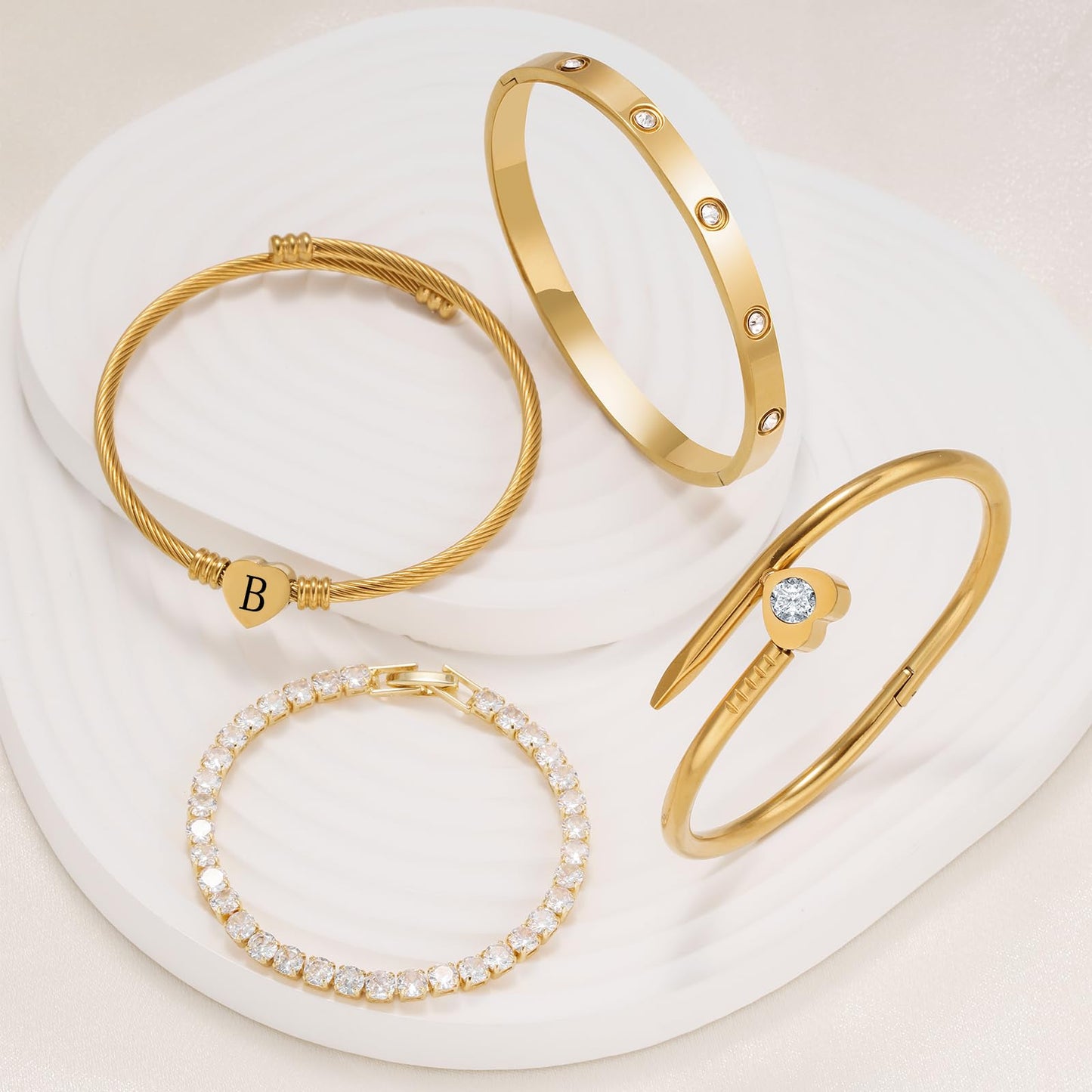MEIERYA18K Gold Plated Nail love Bangle Bracelet Set for Women,Cubic Zirconia,Adjustable tennis bracelet Trendy Gift Jewelry for Mother's Day Anniversary (02-Style-B)