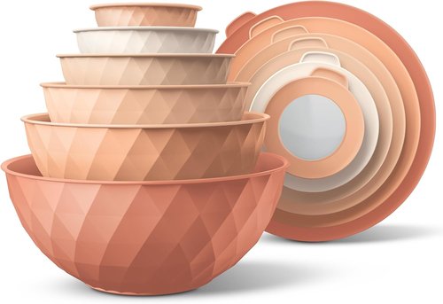 COOK WITH COLOR Mixing Bowls Set - 12-Piece Microwave Safe Nesting Bowls with Lids, Orange Diamond