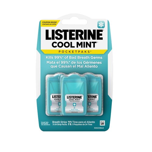 Listerine PocketPaks - Cool Mint Breath Strips | Portable Oral Care, Sugar-Free, 3 Packs of 24 Strips