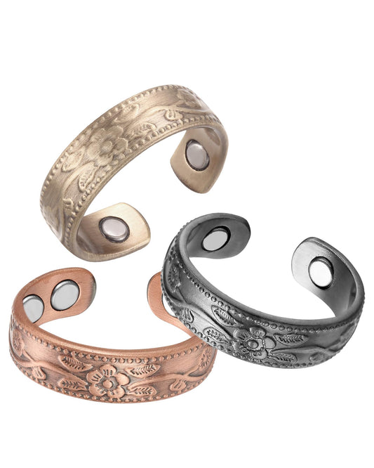 BioMag Magnetic Lymphatic Drainage Ring Set, 3 Pcs 99.99% Pure Copper Rings for Women with 3500 Gauss Magnets, Adjustable Size, Floral Branch and Leaf Pattern