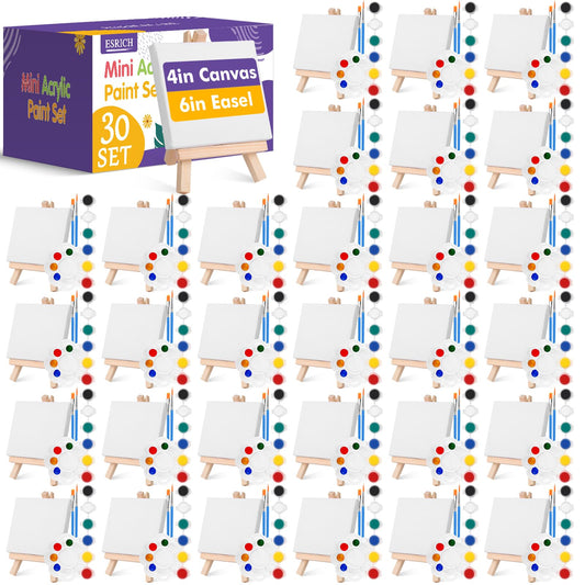 ESRICH 30 Pack Mini Acrylic Paint Kit,Canvas Painting Kit,4in Stretched Canva with 6in Easel,Acrylic Paint Strips,Palettes,Painting Brushes,Canva and Easel Set for Kids Artists Beginner,Gift