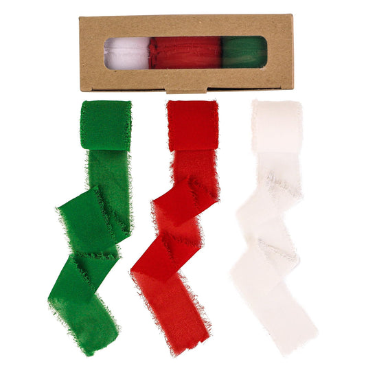 3 Rolls Christmas Chiffon Ribbon 1.5" X 7yd, Handmade Fringe Chiffon Silk Ribbon Red Green White Ribbons Set for Gifts Wrapping, Wedding Invitations, Bridal Bouquets, DIY Crafts, Christmas