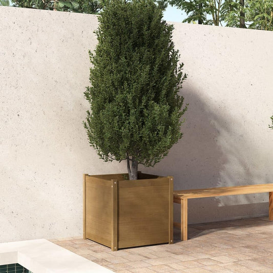 Molumvel Square Garden Planter Box, 24-Inch Large Outdoor Flower Pot, Sturdy Solid Pine Wood Planting Bed for Patio, Balcony, Backyard, Honey Brown