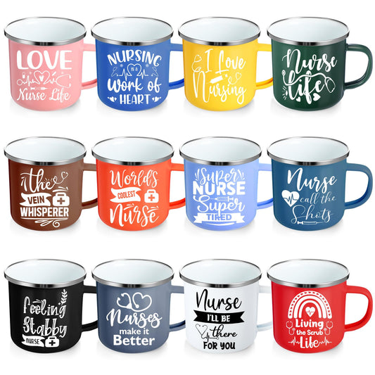 Sieral 12 Pcs Nurse Week Gifts 12 oz Nurses Mug Bulk 2026 Coffee Enamel Cups Set with Handles Motivational Tumbler for Women Doctor Student Graduation School Thank You Presents(Novel)