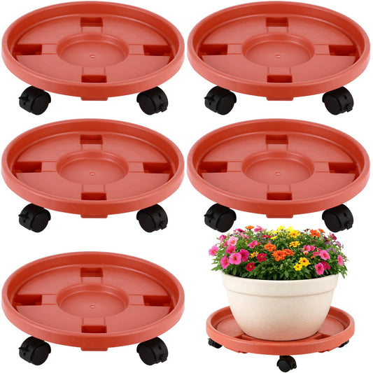 5-pack 11.8" Large Plant Caddy with Wheels Plastic Plant Dolly with Caster Flower Pot Mover Rollers Wheeled Rolling Plant Stands Round Plant Saucer Indoor Outdoor Base Coasters,Terracotta red