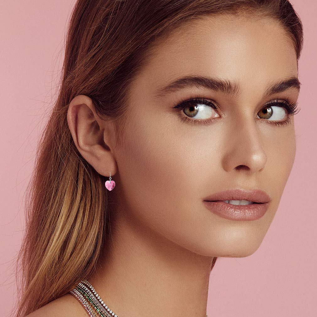 Austrian Crystal Heart Drop Dangle Earrings for Women 925 Sterling Silver Hook Hypoallergenic Earring (Rose Pink)