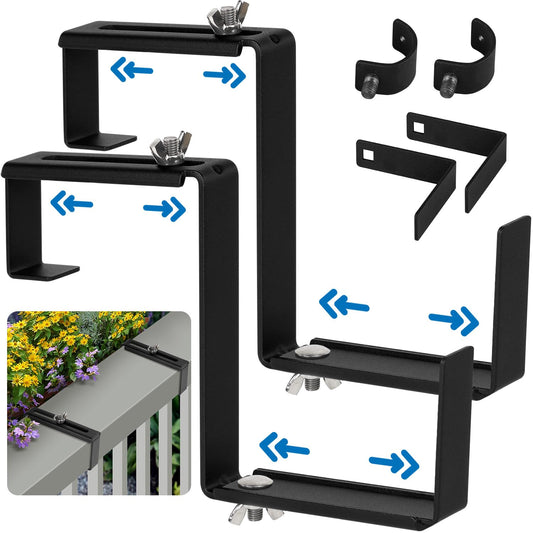 Vinazone Adjustable Planter Box Bracket, Black, 1 Pair - Hanging, Metal Alloy Steel Iron, Compact, No Drill, Fits 5-8.3 Inch Width, Suitable for Railings, Windows, Balconies, Fences
