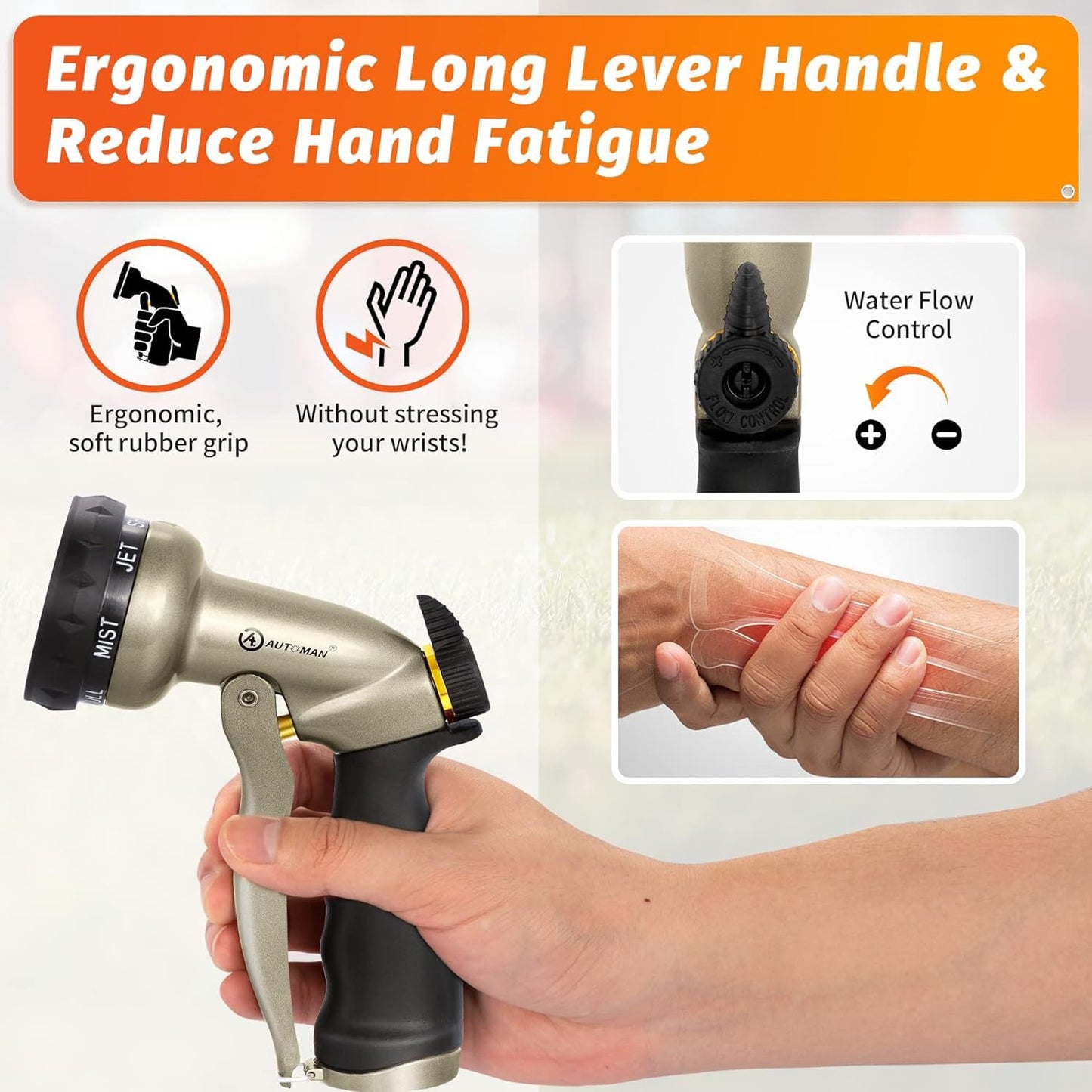 AUTOMAN Garden Hose Nozzle-7 Patterns Sprayer-2 Pack, Metal High Pressure Spray Nozzle, Heavy Duty Labor-Saving Design Water Hose Nozzle for Garden Watering, Car Washing, Window Cleaning, Pets Bathing