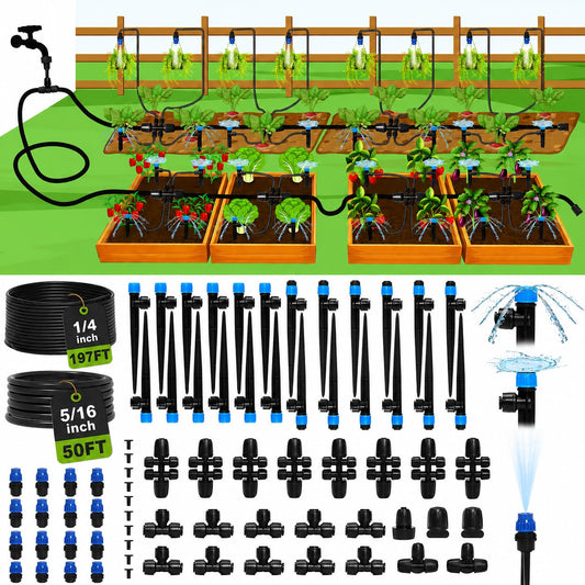 Bonviee 247FT Drip Irrigation System, Automatic Garden Watering System Kit with 50FT 5/16” & 1/4” Drip Tubing, Quick-to-Connect Fittings, Adjustable Drip Emitters for Raised Beds, Greenhouse, Lawn