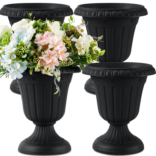 Zhehao 4 Pcs Plastic Urn Planter 10 x 11.5 Inch Black Classic Flower Pots Front Porch Planters Indoor Outdoor Planters with Pedestal for Wedding Party Bridal Shower Garden Patio Home Decor