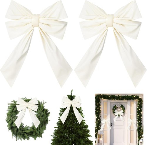 Hungdao Large White Wreath Bows - 12”x18” Waterproof Fabric for Outdoor Wedding & Home Decor