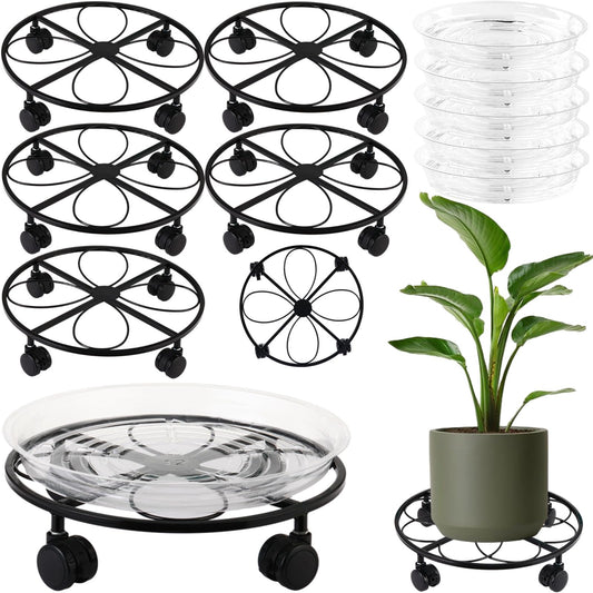 DEELF OUTLET 5 Packs 12 inches Large Metal Plant Caddy with Wheels Round Planter Dolly Pot Mover Rollers Wrought Iron Rolling Plant Stands Indoor Outdoor Wheeled Plant Holder Coaster Trolley, Black