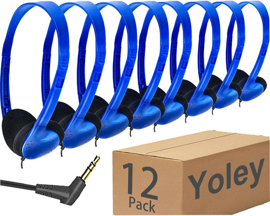 12 Pack Set 3.5mm 12 Pack) Classroom Headphones Bulk Class for School Students Kids and Adult -Sturdy Wired Plug (Blue
