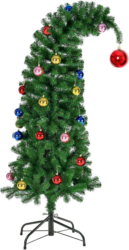 Hatisan 5FT Artificial Christmas Tree - Bent Green Design with Ball Ornaments & Metal Base for Holiday Decor