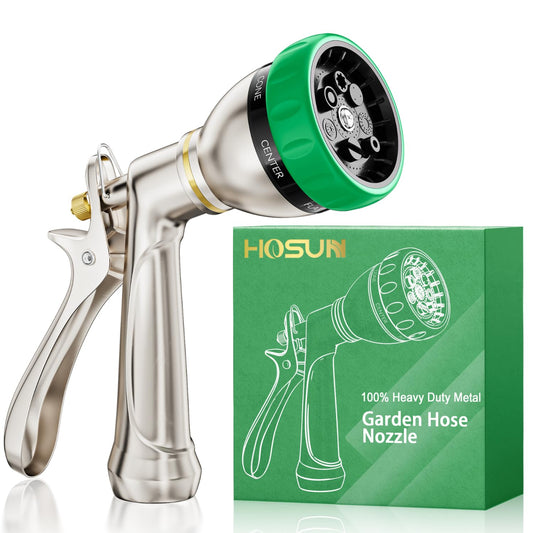 HOSUN 100% Metal Heavy Duty Garden Hose Nozzle Sprayer | 7 Spray Patterns, Lockable Rear Trigger, High Pressure for Plant Watering, Lawn Care, Car Washing & Pet Bathing