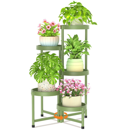 LASZOLA 5 Tiered Plant Stand Indoor Outdoor with Plastic Tray, Corner Folding Tall Flower Display Rack, Modern Plant Holder Shelf for Outdoor Patio Porch Garden Office Living Room, Green
