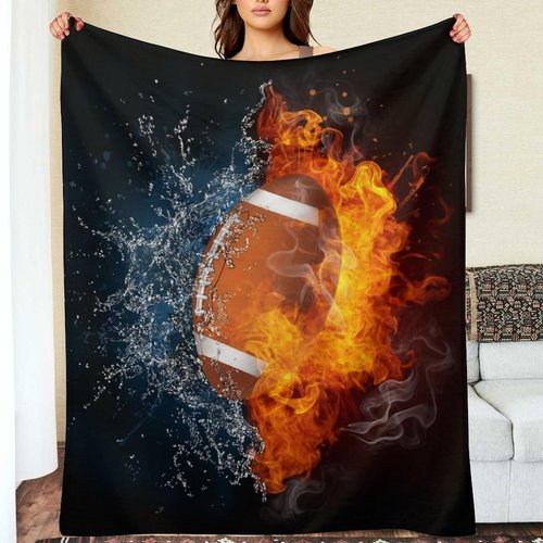 American Football Blanket 3D Print Throw Blanket White Ball in Fire and Water Soft Blankets Baseball Gifts for Kids Boys All Season Couch Bed Sofa Home Decor (American Football,60"×50")