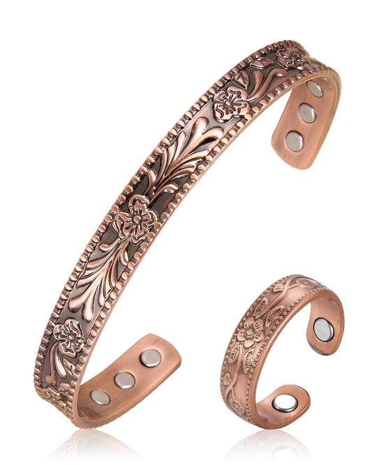 BioMag 99.99% Pure Copper Bracelet&Ring for Men and Women, Adjustable Magnetic Bracelet & Ring with 3500 Gauss Magnets, Vintage Flower Design, Jewelry Christmas Gift