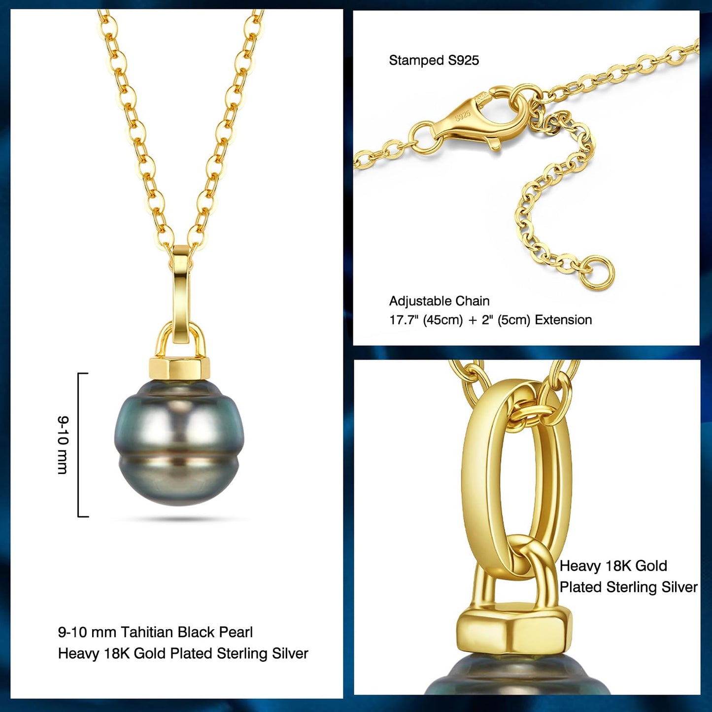 Genuine Tahitian Black Pearl Necklace - 9-10mm Baroque Seawater Pearl with Sterling Silver Moissanite Pendant, Christmas Gift for Wife Mom Women, Jewelry Gifts for Wedding Anniversary Birthday